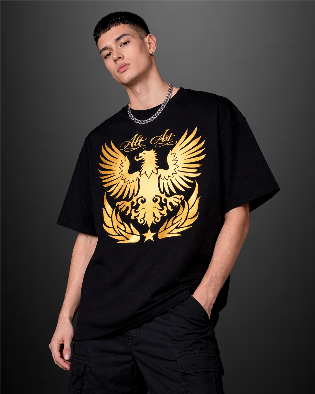 Golden Eagle Graphic Black Oversized T Shirt for Men | Premium Gothic Streetwear Tee