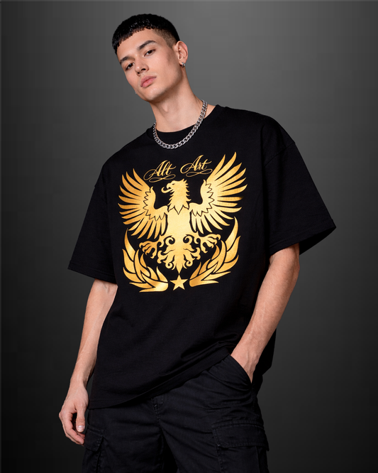 Golden Eagle Graphic Black Oversized T Shirt for Men | Premium Gothic Streetwear Tee