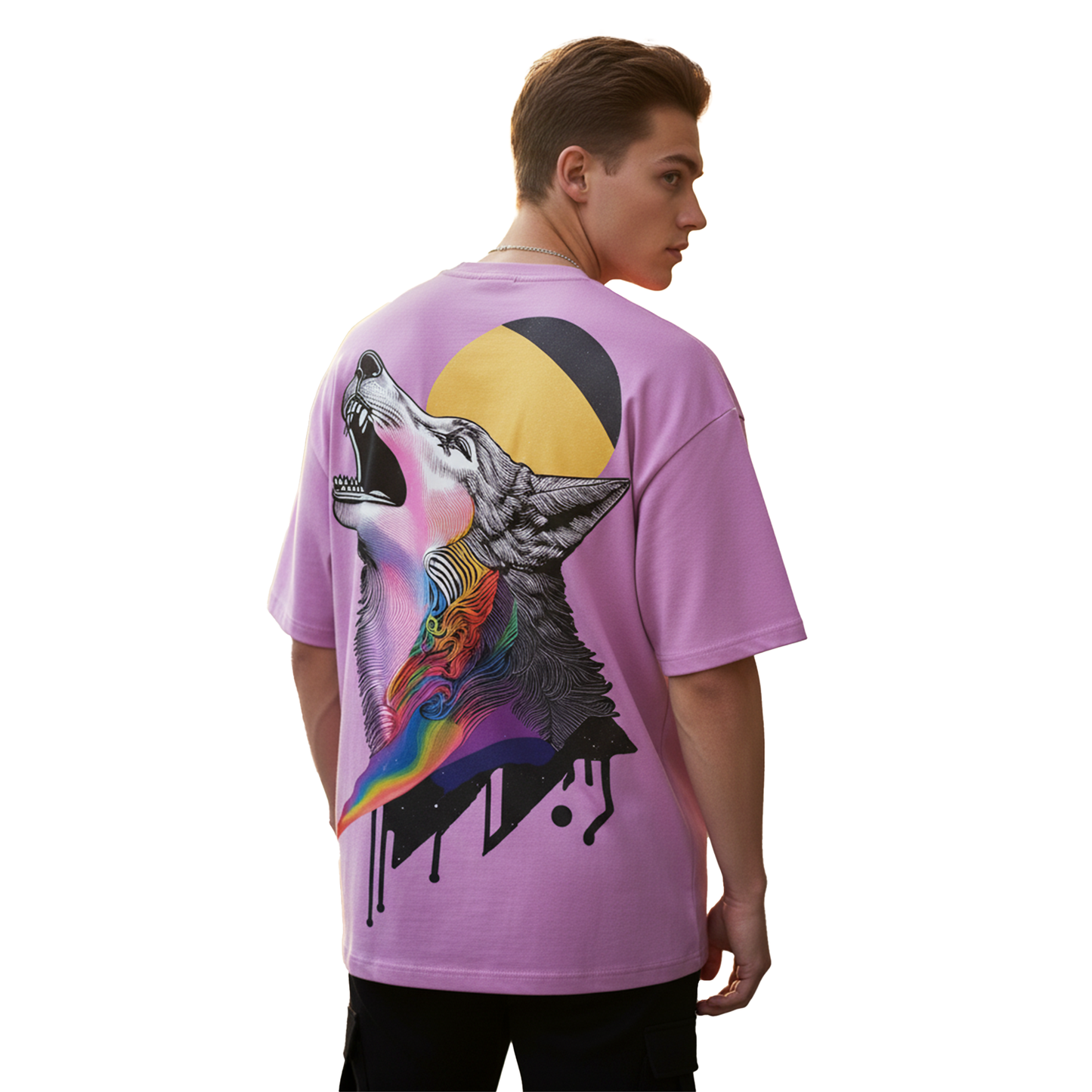 Wolf Graphic Oversized T-Shirt for Men | Lavender Streetwear Cotton Tee