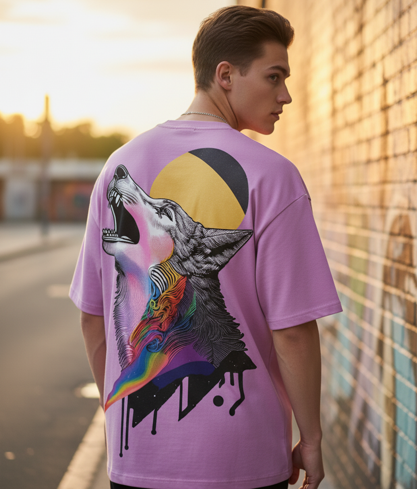 Wolf Graphic Oversized T-Shirt for Men | Lavender Streetwear Cotton Tee