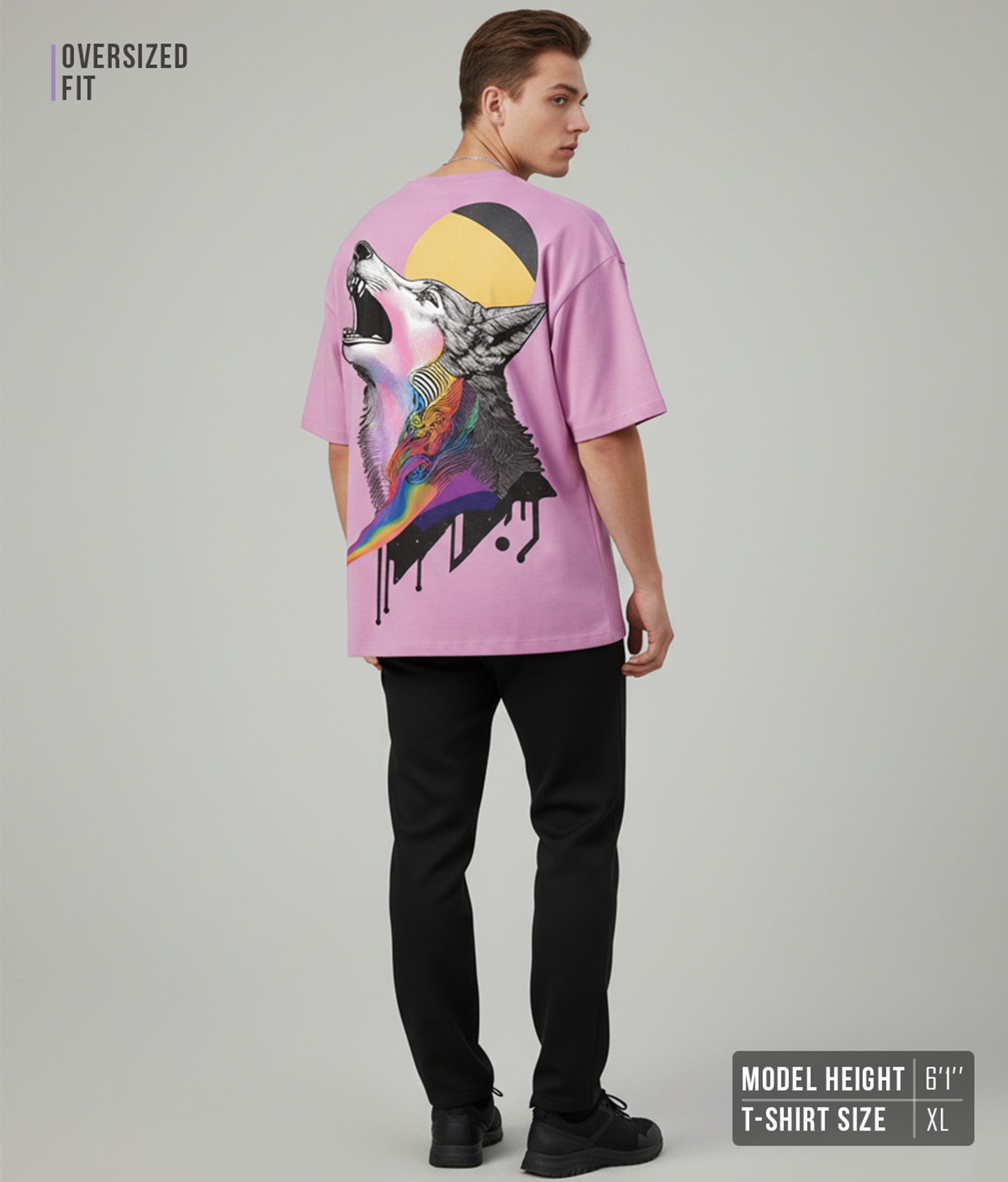 Wolf Graphic Oversized T-Shirt for Men | Lavender Streetwear Cotton Tee