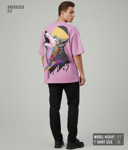 Wolf Graphic Oversized T-Shirt for Men | Lavender Streetwear Cotton Tee
