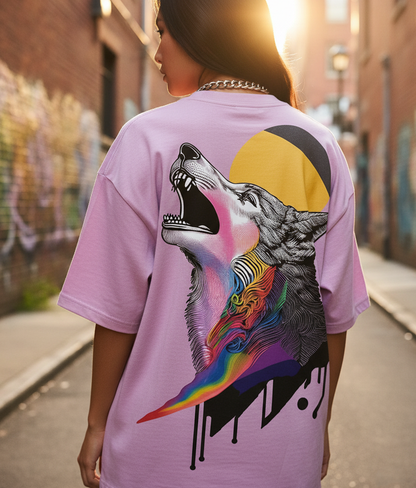 Wolf Graphic Oversized T-Shirt for Women | Lavender Streetwear Cotton Tee