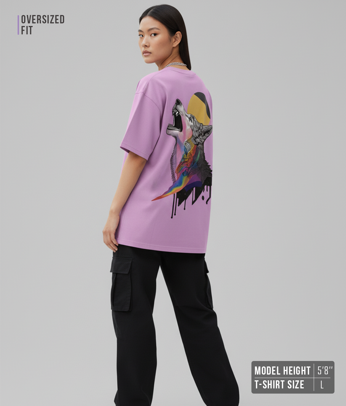 Wolf Graphic Oversized T-Shirt for Women | Lavender Streetwear Cotton Tee