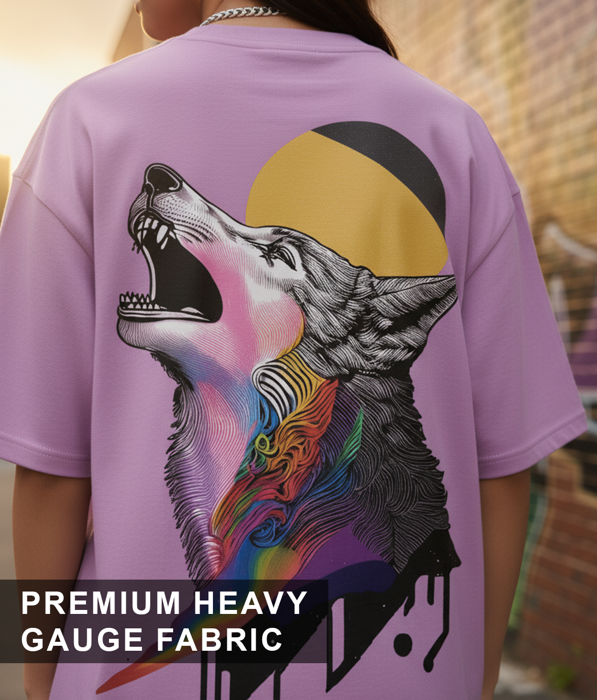 Wolf Graphic Oversized T-Shirt for Women | Lavender Streetwear Cotton Tee