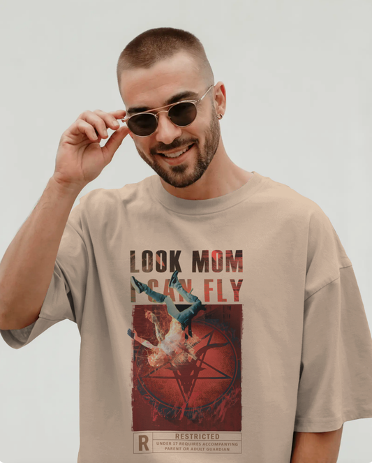 Look Mom I Can Fly Travis Scott Graphic Oversized T-Shirt for Men | Beige Colour Oversized Tee India