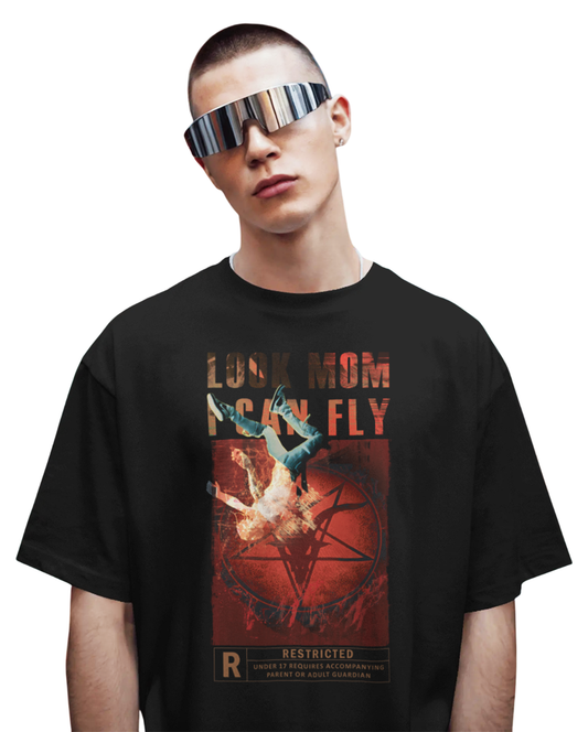 Look Mom I Can Fly Black Oversized T-Shirt for Men | Streetwear Graphic Printed 100% Cotton Tee