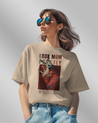 Look Mom I Can Fly Travis Scott Graphic Oversized T-Shirt for Women | Beige Colour Oversized T-Shirt
