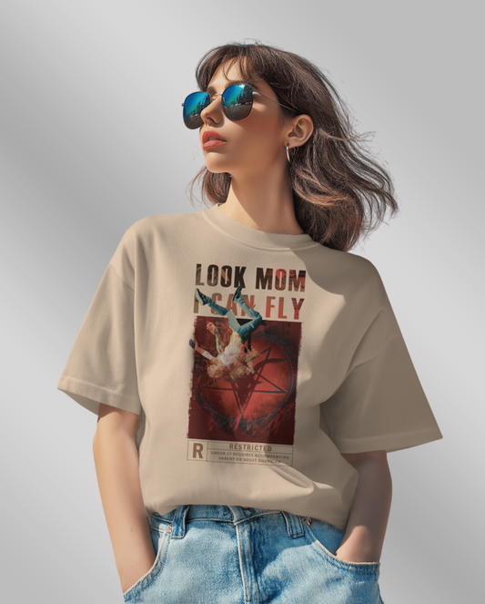 Look Mom I Can Fly Travis Scott Graphic Oversized T-Shirt for Women | Beige Colour Oversized T-Shirt