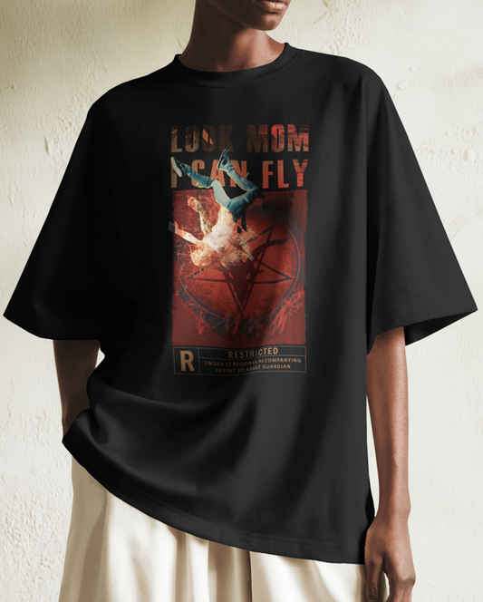 Look Mom I Can Fly Oversized Black T-Shirt for Women | Streetwear Graphic Printed Cotton Tee