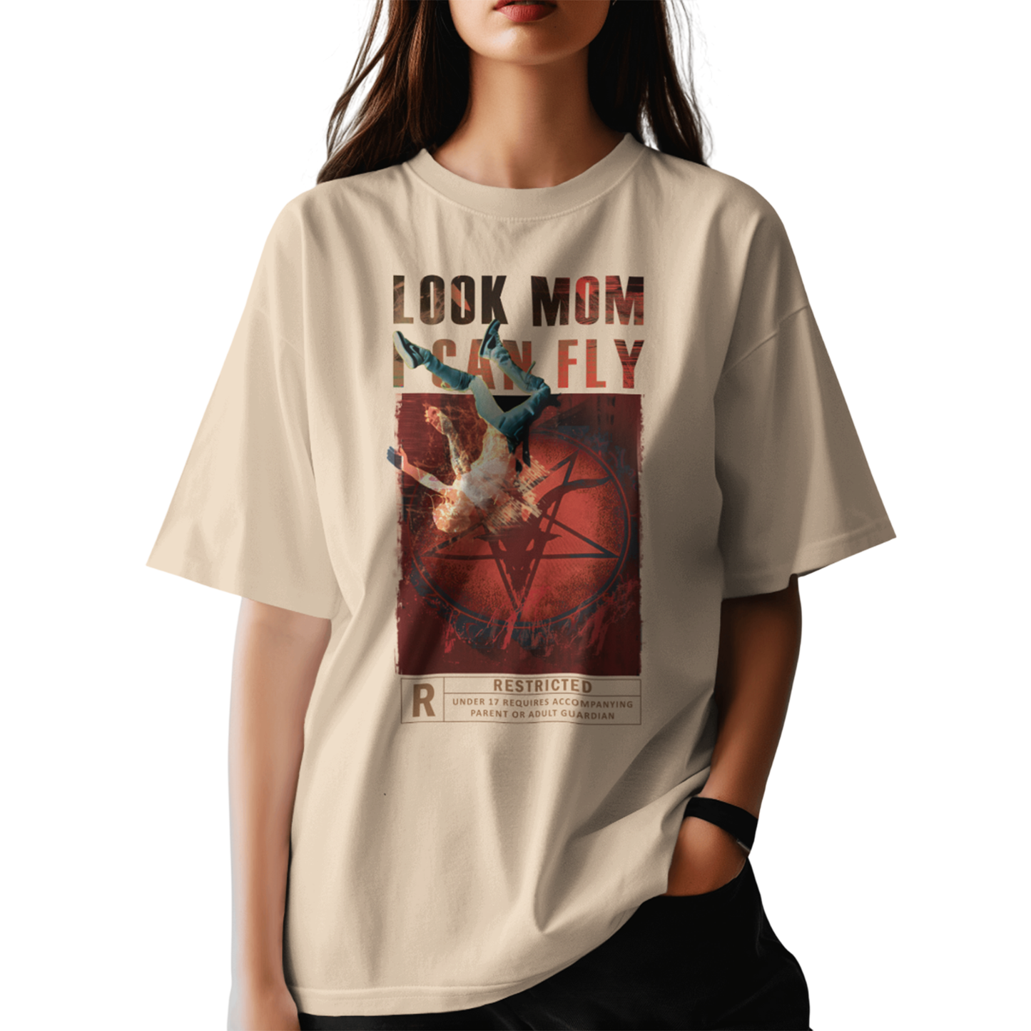 Look Mom I Can Fly Travis Scott Graphic Oversized T-Shirt for Women | Beige Colour Oversized T-Shirt