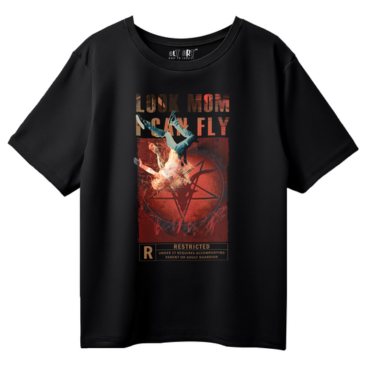 Look Mom I Can Fly Oversized Black T-Shirt for Women | Streetwear Graphic Printed Cotton Tee