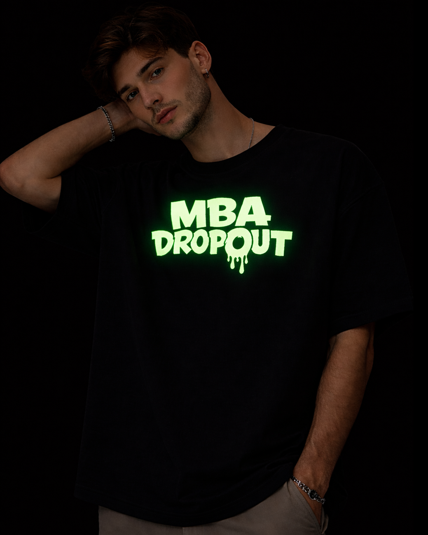 MBA Dropout Glow in the Dark Oversized T-Shirt for Men | Black Funny Streetwear Tee