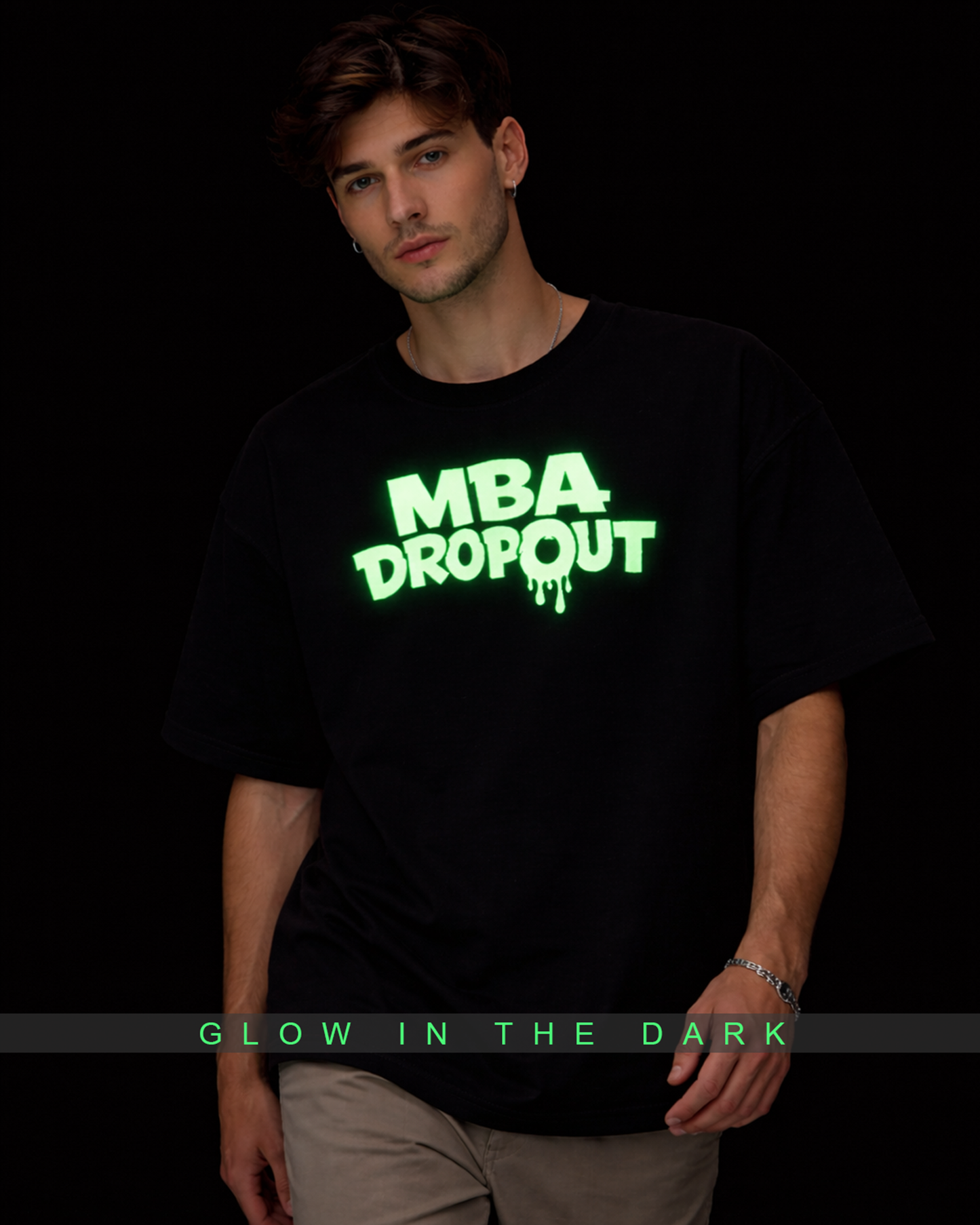 MBA Dropout Glow in the Dark Oversized T-Shirt for Men | Black Funny Streetwear Tee