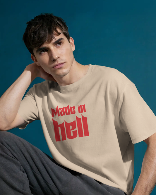 Made In Hell Graphic Oversized T-Shirt for Men | Beige Streetwear Cotton T-Shirt