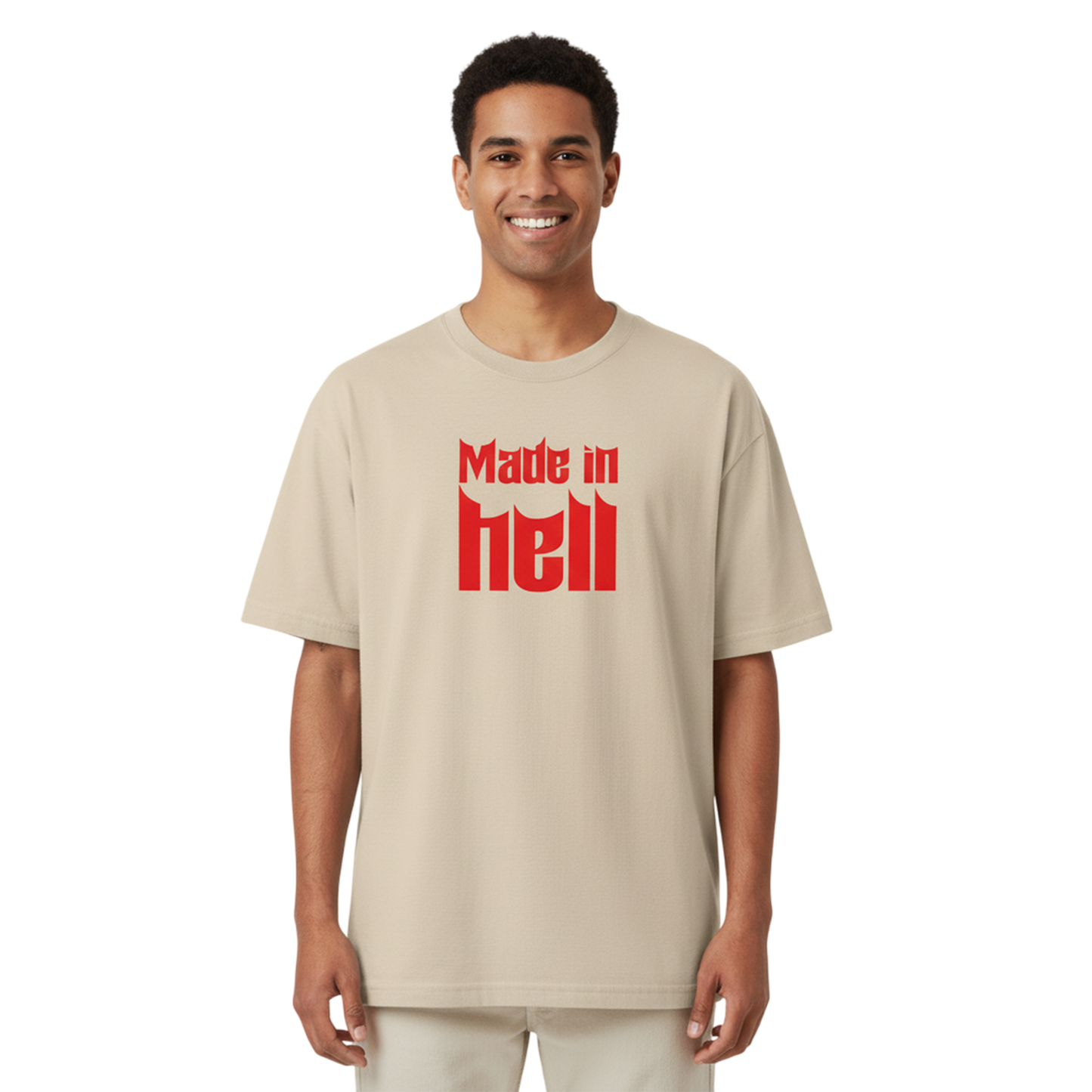 Made In Hell Graphic Oversized T-Shirt for Men | Beige Streetwear Cotton T-Shirt