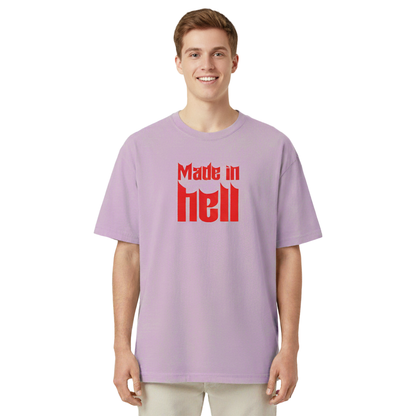 Made In Hell Graphic Oversized T-Shirt for Men | Lavender Streetwear Cotton T-Shirt