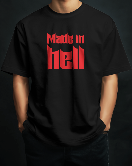 Made in Hell Black Oversized T-Shirt for Men | Gothic Streetwear Graphic Tee