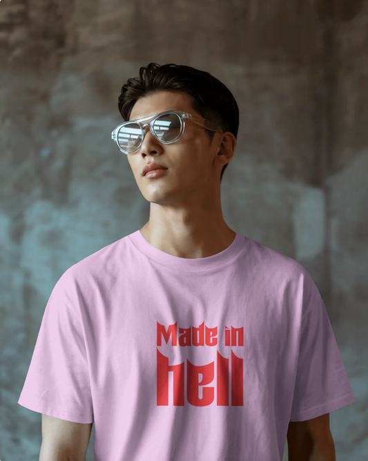 Made In Hell Graphic Oversized T-Shirt for Men | Lavender Streetwear Cotton T-Shirt
