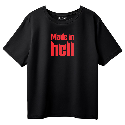 Made in Hell Black Oversized T-Shirt for Women | Gothic Streetwear Graphic Tee
