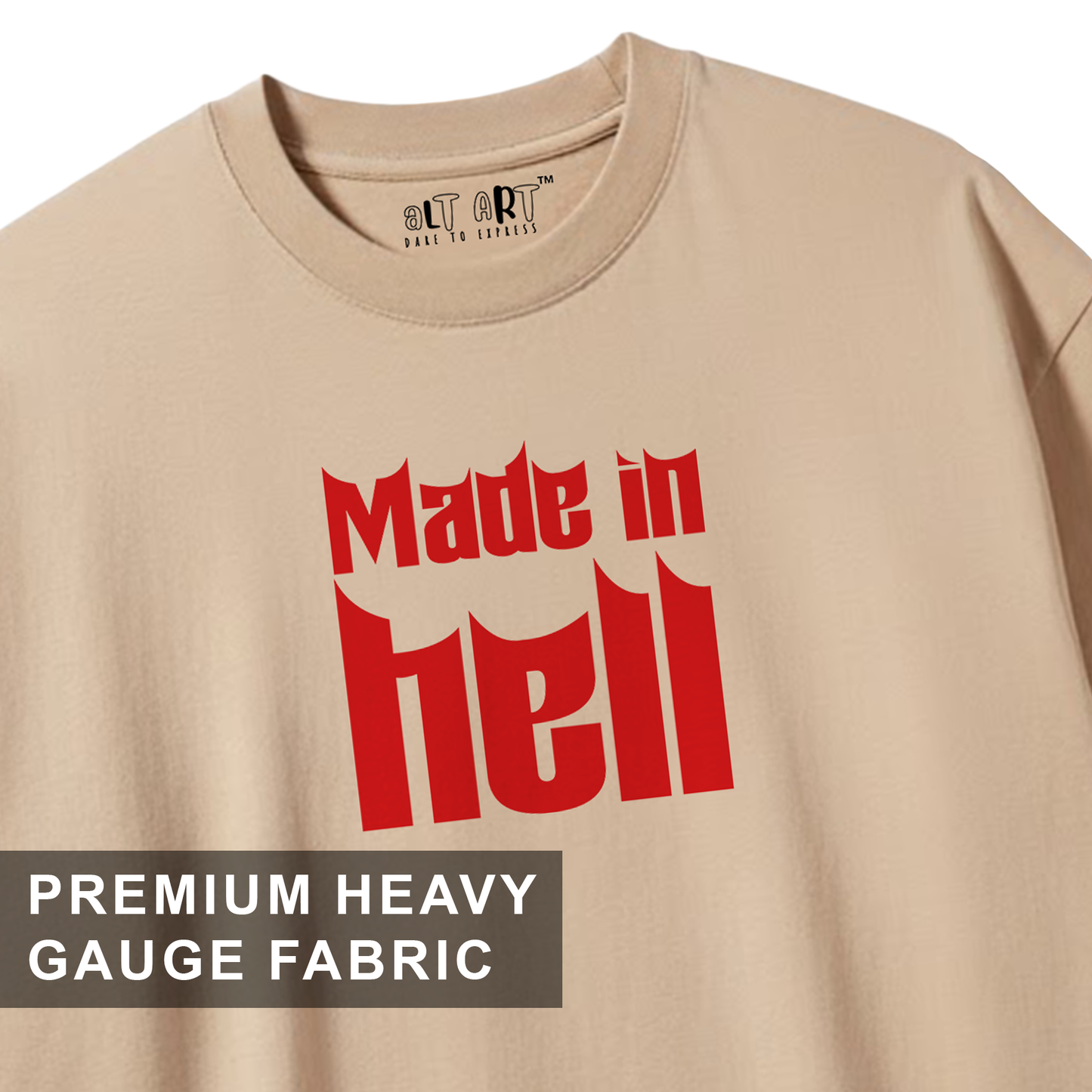 Made In Hell Graphic Oversized T-Shirt for Men | Beige Streetwear Cotton T-Shirt