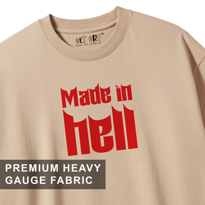 Made In Hell Graphic Oversized T-Shirt for Men | Beige Streetwear Cotton T-Shirt