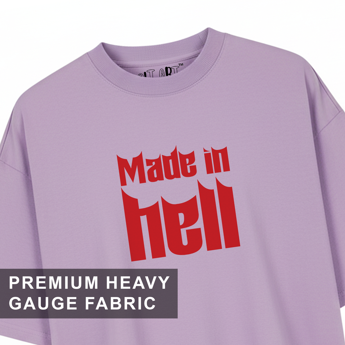 Made In Hell Graphic Oversized T-Shirt for Men | Lavender Streetwear Cotton T-Shirt
