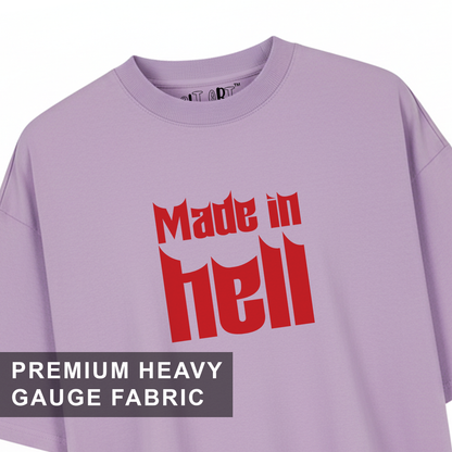 Made In Hell Graphic Oversized T-Shirt for Men | Lavender Streetwear Cotton T-Shirt