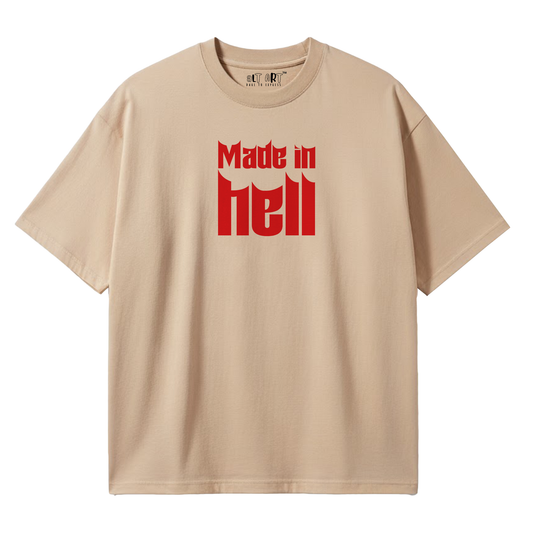 Made In Hell Graphic Oversized T-Shirt for Women | Beige Streetwear Cotton T-Shirt