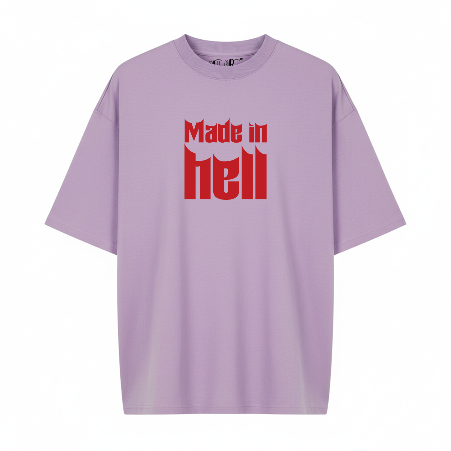 Made In Hell Graphic Oversized T-Shirt for Men | Lavender Streetwear Cotton T-Shirt