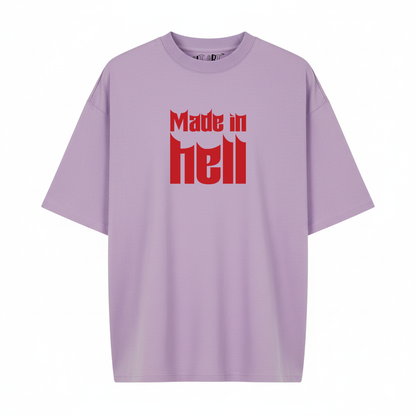 Made In Hell Graphic Oversized T-Shirt for Men | Lavender Streetwear Cotton T-Shirt