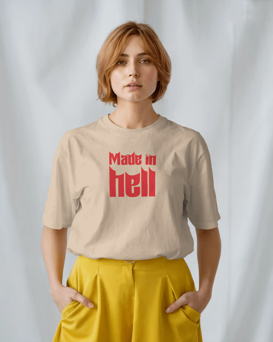 Made In Hell Graphic Oversized T-Shirt for Women | Beige Streetwear Cotton T-Shirt
