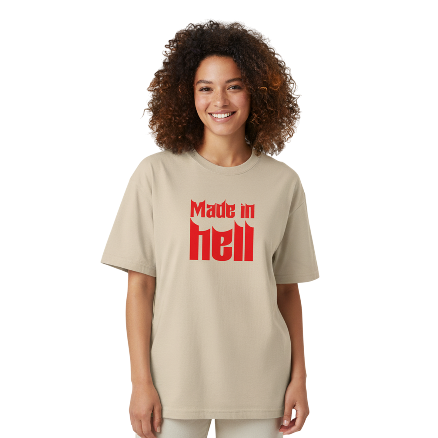 Made In Hell Graphic Oversized T-Shirt for Women | Beige Streetwear Cotton T-Shirt