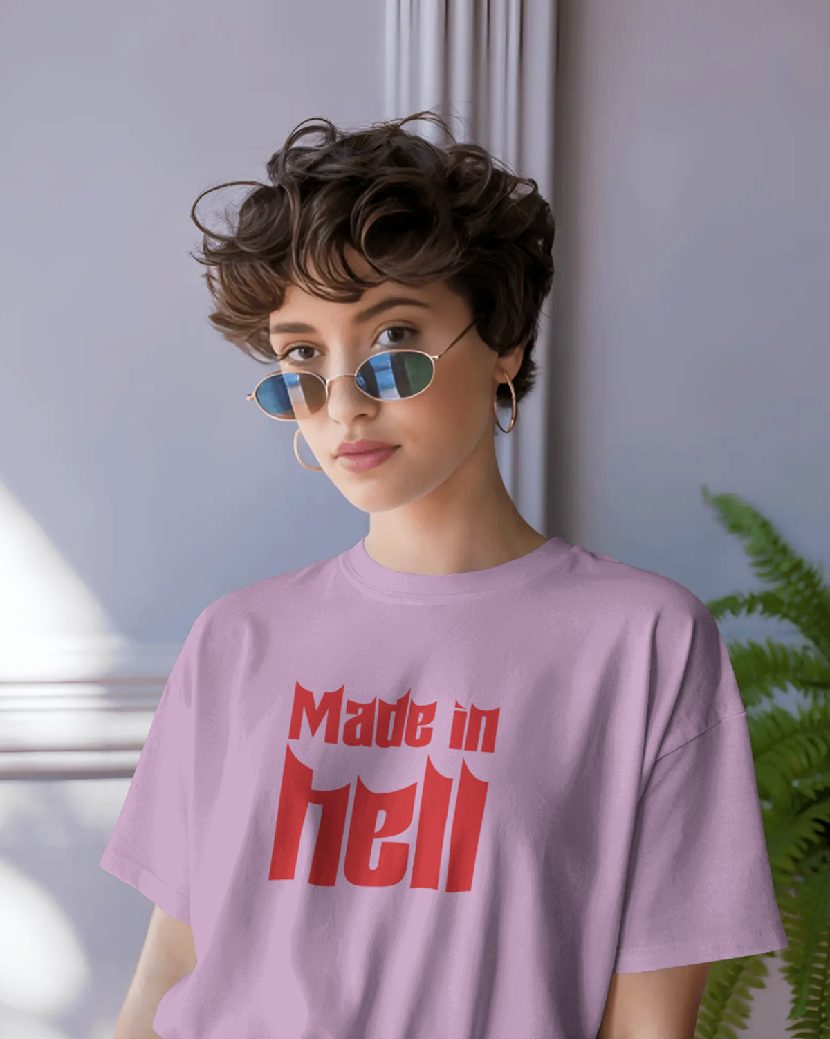 Made In Hell Graphic Oversized T-Shirt for Women | Lavender Streetwear Cotton Tee