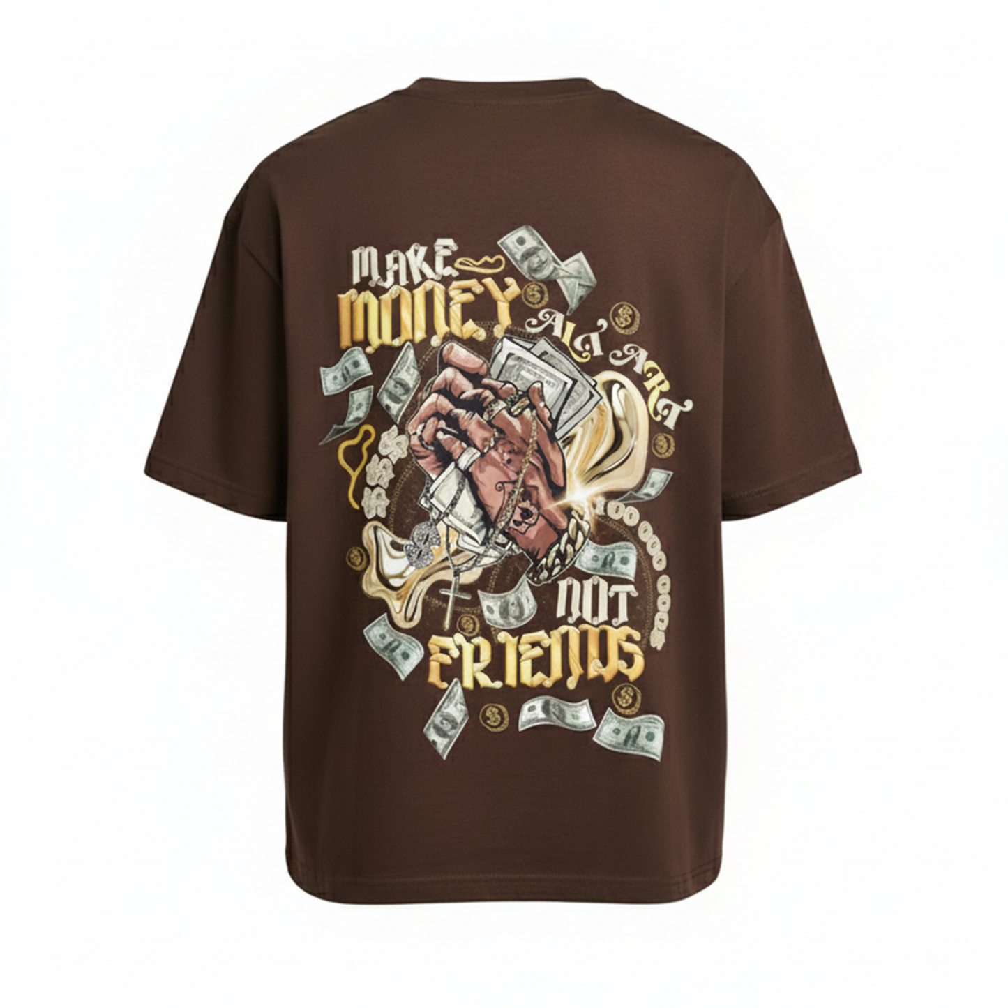 Make Money Not Friends Graphic Chocolate Brown Oversized T-Shirt for Women | Quote Streetwear Tee