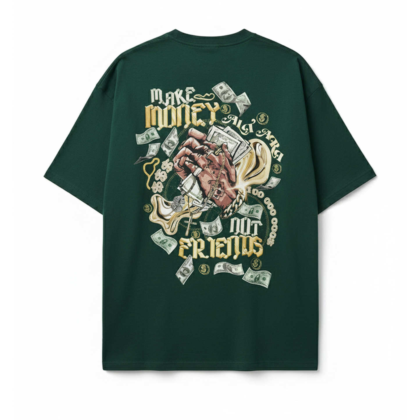 Make Money Not Friends Graphic Green Oversized T-Shirt for Men | Back Print Streetwear Tee