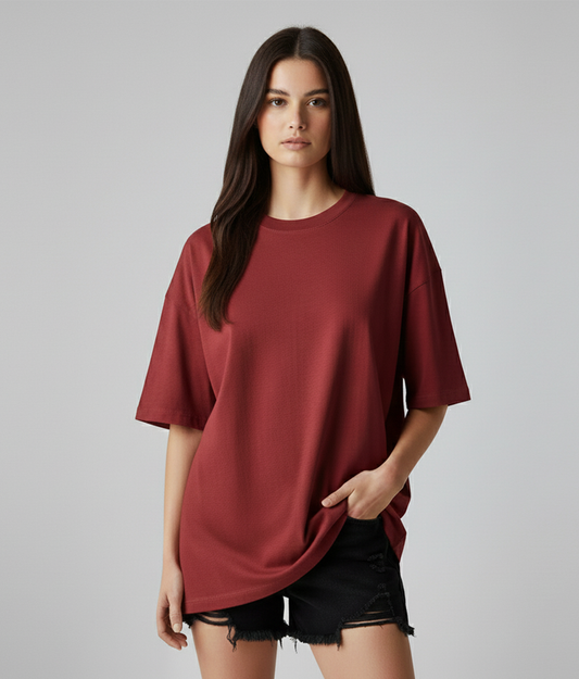 Maroon Solid Oversized T-Shirt for Women | Heavyweight Boxy Fit | Premium Cotton Solid Tee