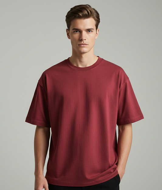 Maroon Solid Oversized T-Shirt for Men | Heavyweight Cotton | Boxy Fit Streetwear Tee