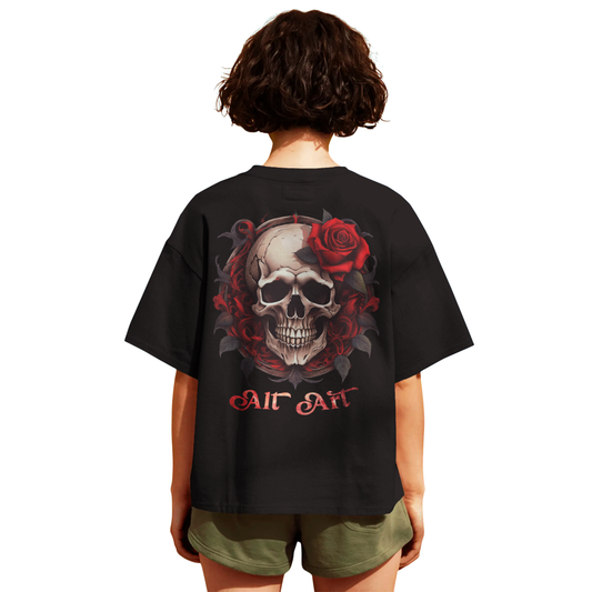 Skull & Rose Black Oversized T-Shirt for Women & Girls - Graphic Printed Oversized T-shirt