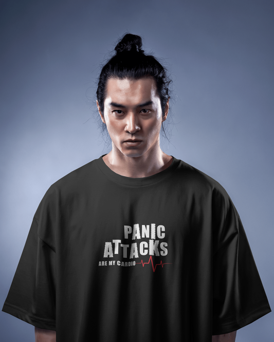 Panic Attacks Are My Cardio Black Funny Graphic Oversized T-Shirt for Men & Boys – Sarcastic Graphic Printed Drop Shoulder 100% Cotton T-Shirt