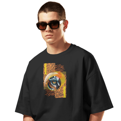 Predator’s Gaze Black Oversized T-Shirt for Men & Boys – Bold Tiger Eye Graphic Tee
