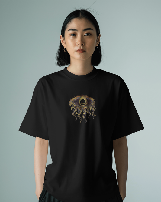 Inferno Gaze Graphic Black Oversized T-Shirt for Women - Graphic Printed Drop Shoulder Half Sleeve Round Neck 100 % Cotton T-shirt