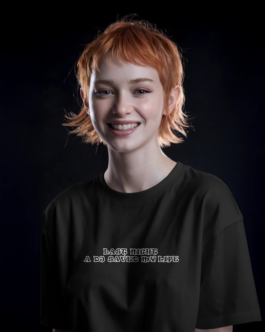 Last Night a DJ Saved My Life Black Oversized T-Shirt for Women & Girls - Retro Aesthetic Music T-Shirt