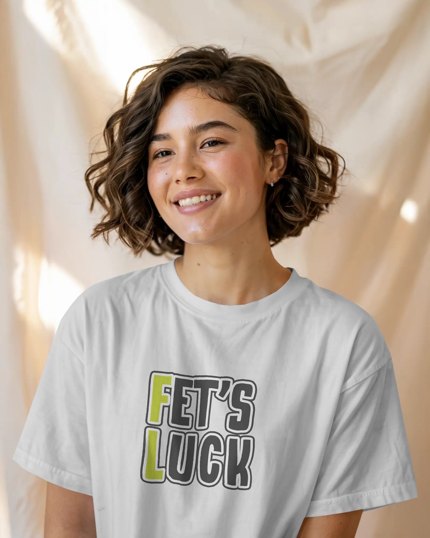 Fet’s Luck Funny Oversized T-Shirt White for Women & Girls – Sarcastic Graphic Printed Drop Shoulder 100% Cotton T-Shirt