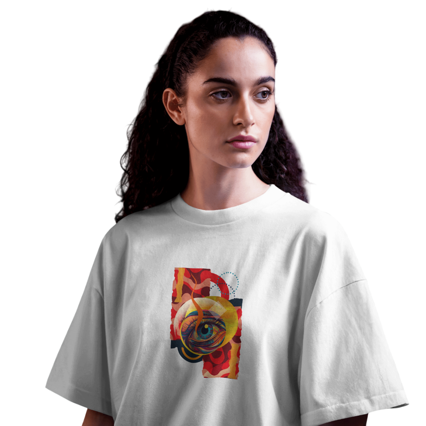 Visionary Gaze White Oversized T-Shirt for Women – Chic & Bold Abstract Eye Design Urban Streetwear Fashion