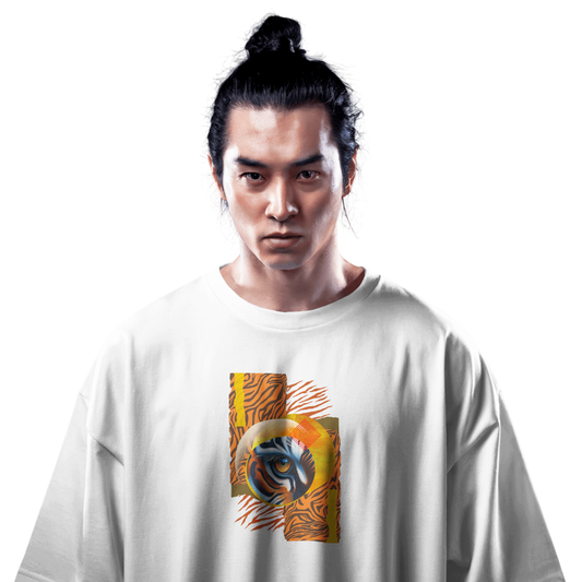Predator’s Gaze White Oversized T-Shirt for Men & Boys – Bold Tiger Eye Graphic Tee