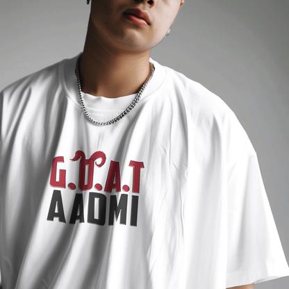 GOAT Aadmi  Funny Graphic Oversized T-Shirt for Men & Boys White – Sarcastic Graphic Printed Drop Shoulder 100% Cotton T-Shirt