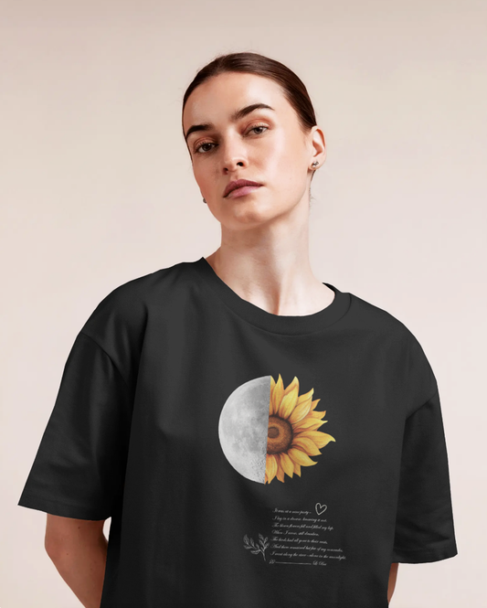 Moon & Sunflower Oversized T-Shirt for Women | Flower Moon Graphic Tee