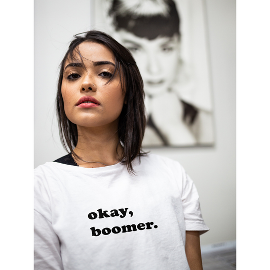 Okay Boomer Oversized T-Shirt for Women – White Meme Tee | Funny Graphic Streetwear