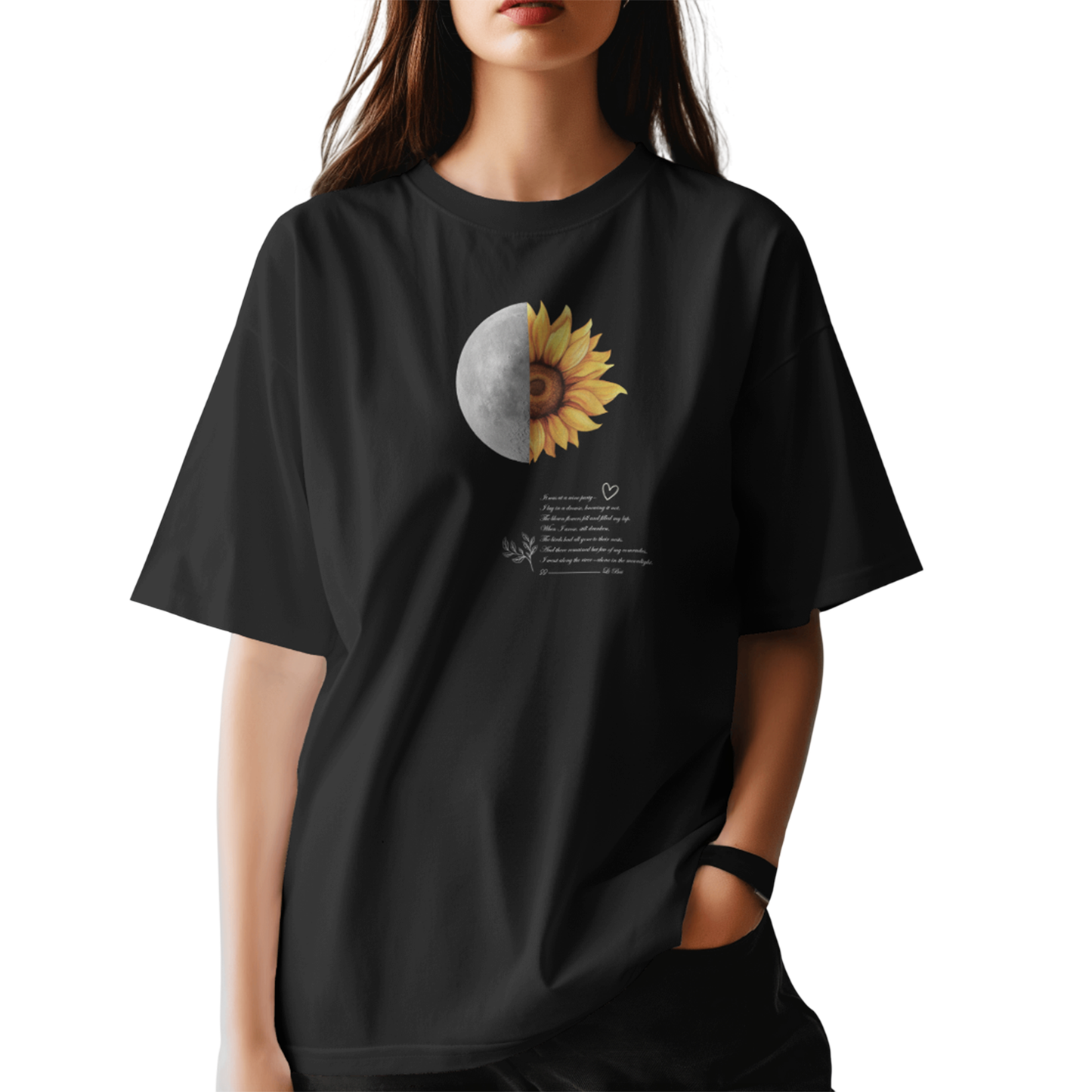 Moon & Sunflower Oversized T-Shirt for Women | Flower Moon Graphic Tee